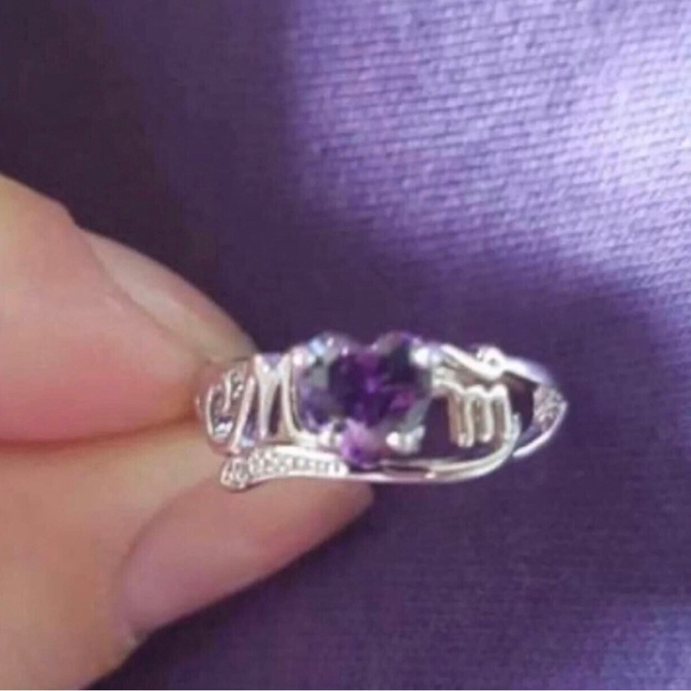 Sterling Silver Purple Heart Mom Amethyst Ring